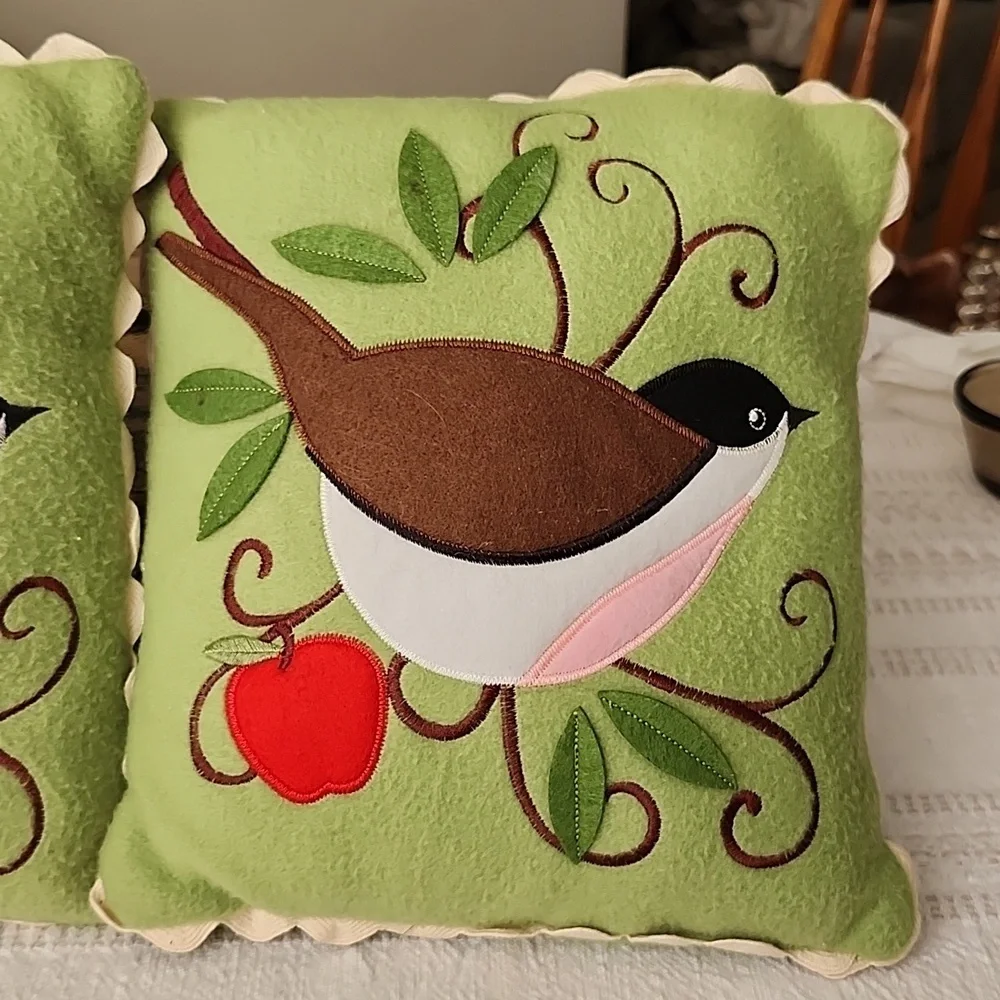 Handmade folk art birds on branch felt embroidered on decorative pillows earthy